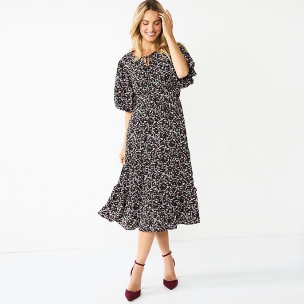 Draper James RSVP Womens Elbow Sleeve Midi Dress Black Multi Daisy floral modest